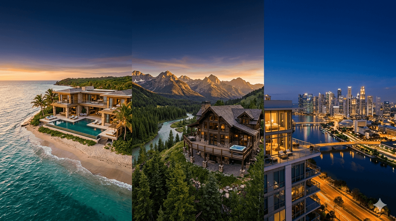 Beach villa, mountain cabin, and city apartment — the three STR property types StayOps manages